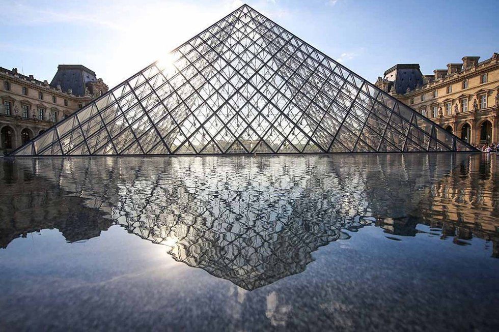 Reflection, Pyramid, Water, Reflecting pool, Architecture, Sky, Landmark, Symmetry, Waterway, Building, 