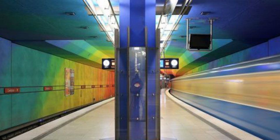 Blue, Transport, Colorfulness, Infrastructure, Architecture, Metro station, Wall, Floor, Urban area, Electricity, 