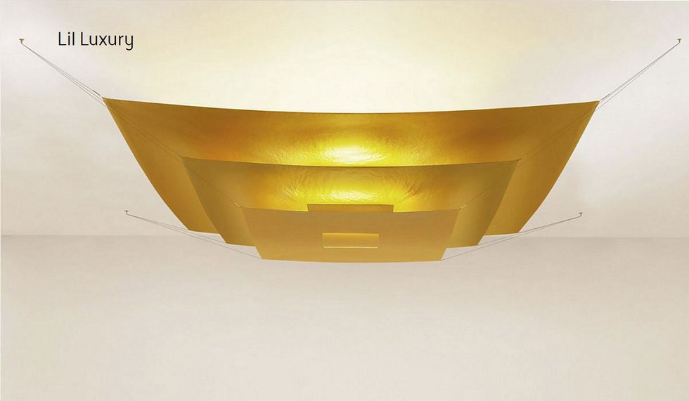 Yellow, Ceiling, Amber, Lighting, Light fixture, Glass, Metal, 
