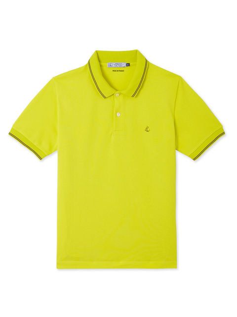 T-shirt, Clothing, Yellow, White, Polo shirt, Sleeve, Collar, Active shirt, Line, Button, 