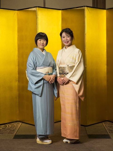Yellow, Standing, Temple, Costume, Kimono, Robe, Silk, Vintage clothing, 