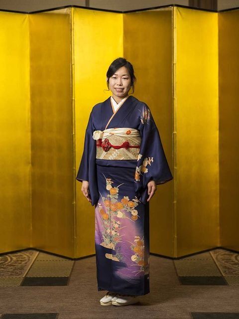Yellow, Sleeve, Textile, Kimono, Temple, Costume, Silk, Fashion design, Robe, Tradition, 