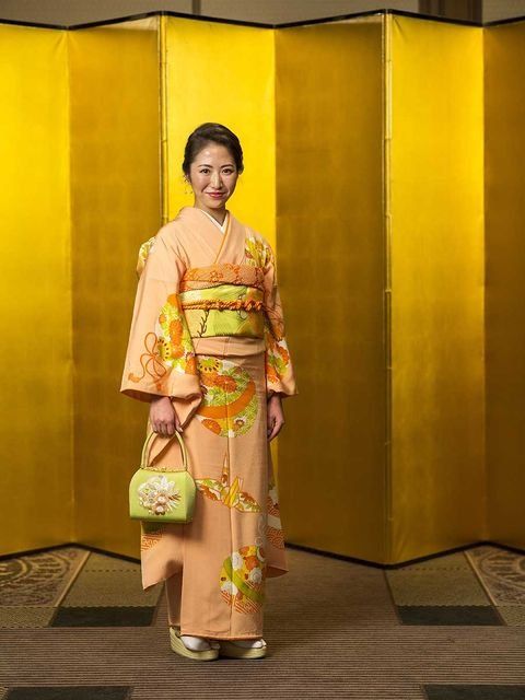 Yellow, Textile, Kimono, Temple, Costume, Fashion design, Makeover, Silk, Sandal, Sari, 