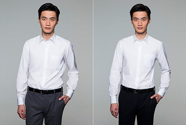 Clothing, Ear, Product, Dress shirt, Collar, Sleeve, Trousers, Shoulder, Standing, Textile, 