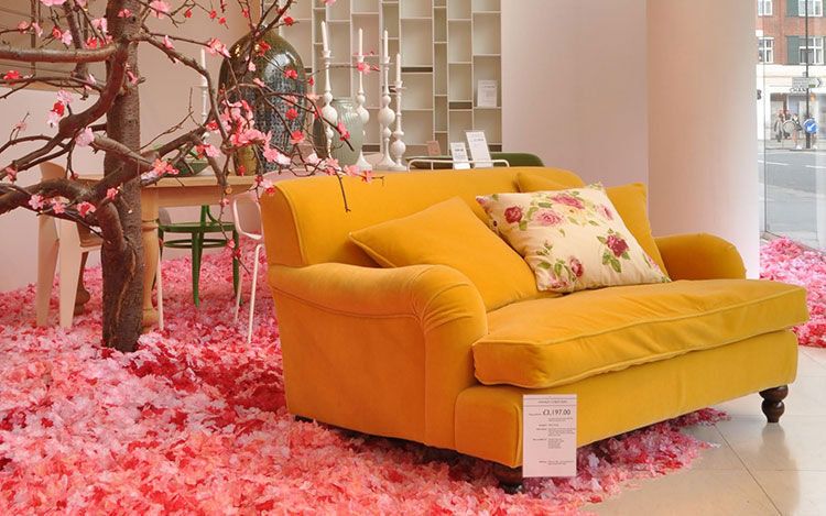 Furniture, Couch, Living room, Yellow, Room, Orange, Pink, Interior design, Sofa bed, Chair, 