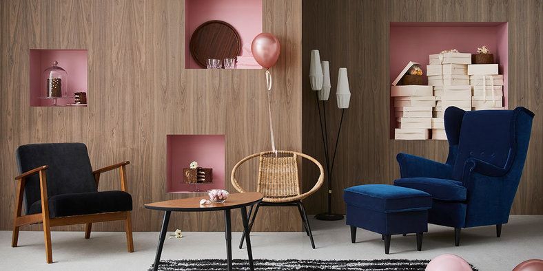 Furniture, Room, Living room, Interior design, Pink, Wall, Table, Lighting, Coffee table, Floor, 