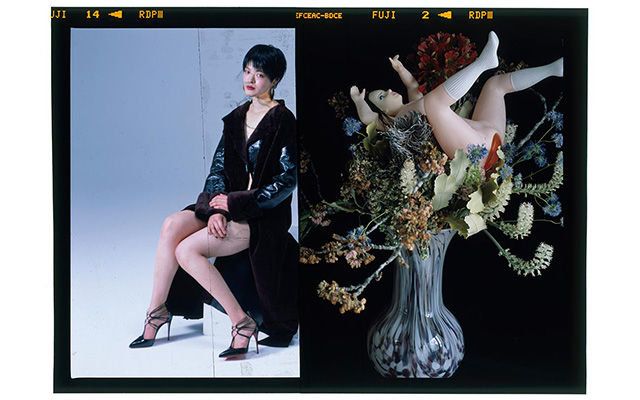 Blazer, Sitting, Fashion, Knee, Vase, Artificial flower, Flower Arranging, High heels, Model, Floral design, 