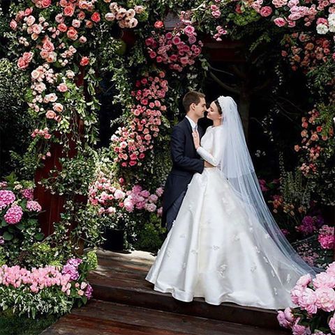 Wedding dress, Gown, Dress, Bride, Pink, White, Photograph, Bridal clothing, Clothing, Flower Arranging, 