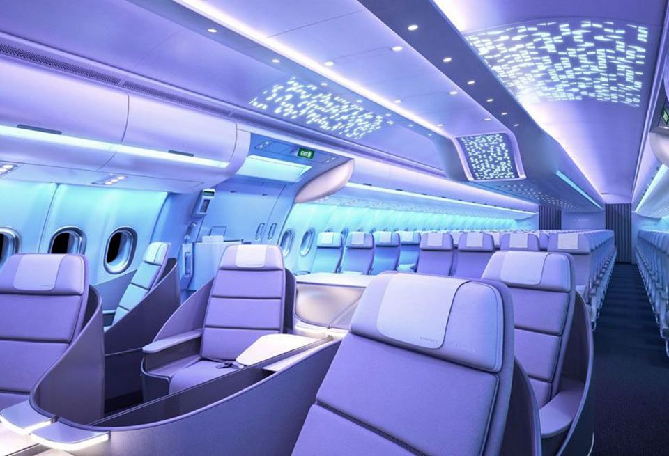 Air travel, Airline, Aircraft cabin, Purple, Airliner, Design, Airplane, Interior design, Architecture, Building, 