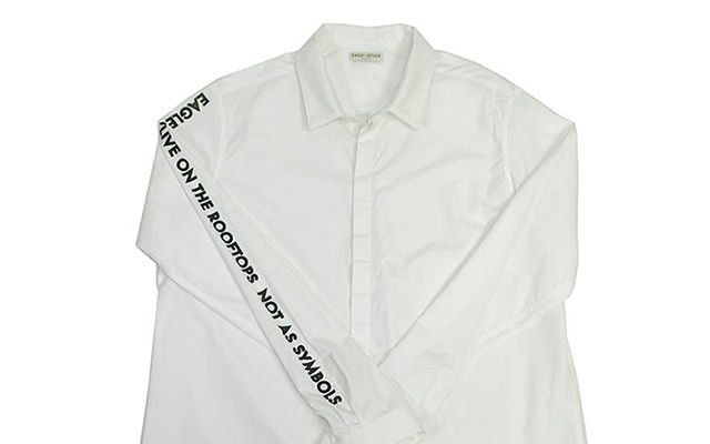 Product, Collar, Sleeve, Textile, White, Font, Fashion, Button, Brand, Fashion design, 
