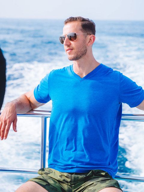 Blue, Vacation, Shoulder, Muscle, Cool, Sitting, Water, T-shirt, Summer, Fun, 