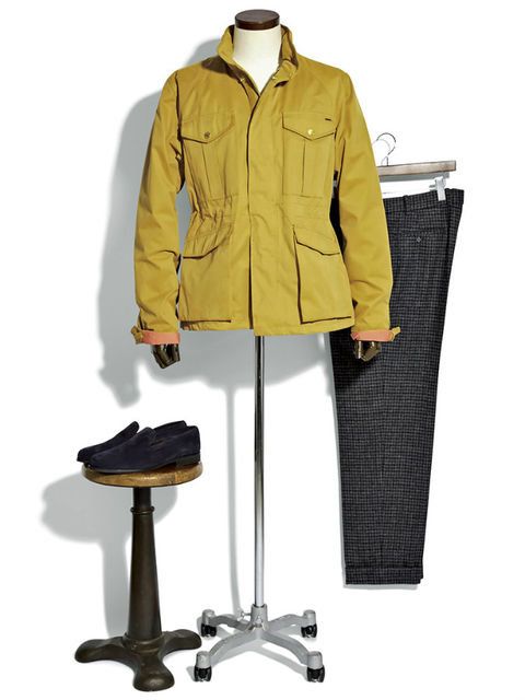 Clothing, Outerwear, Coat, Yellow, Jacket, Overcoat, Parka, Trench coat, Raincoat, Hood, 