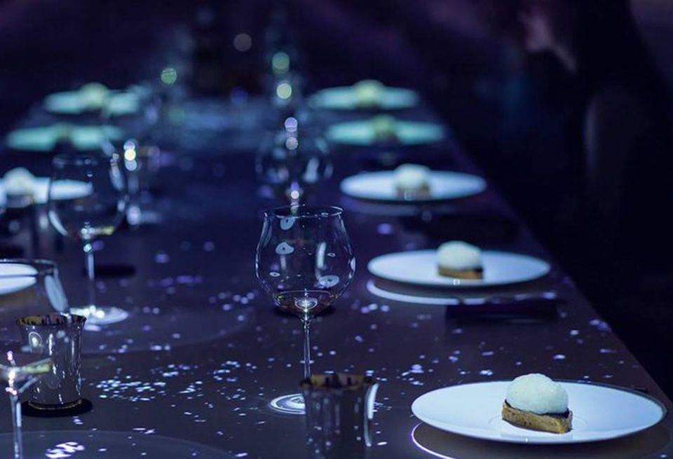 Water, Purple, Glass, Sky, Restaurant, Table, À la carte food, Wine glass, Champagne stemware, Stemware, 