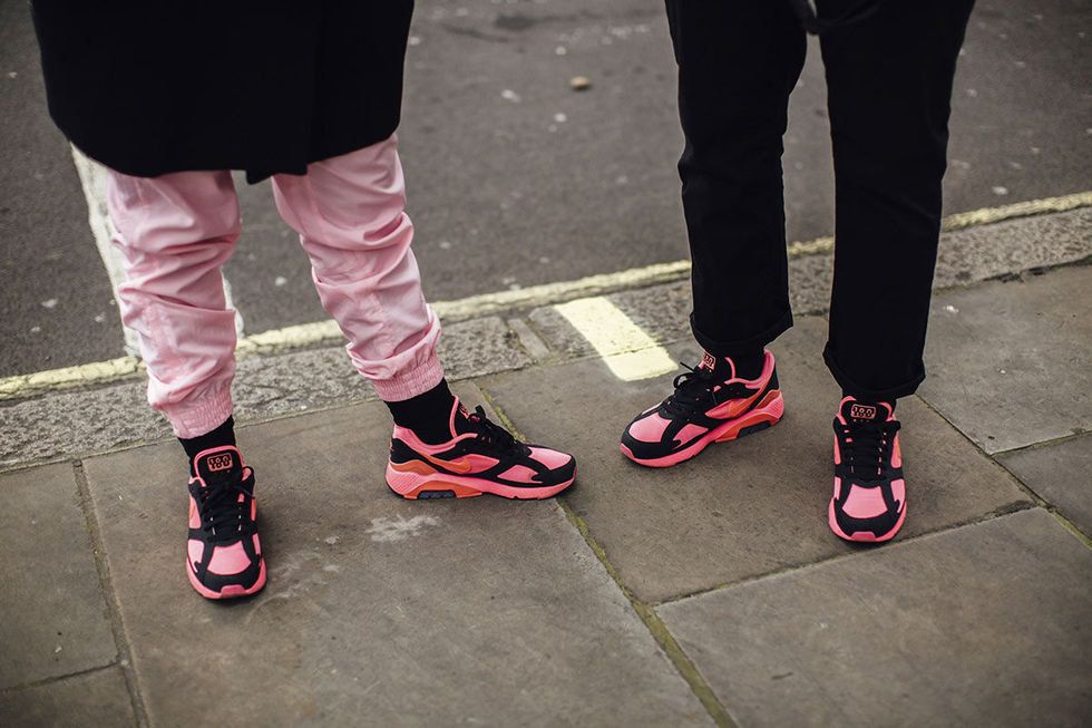 Pink, Footwear, Photograph, Human leg, Shoe, Leg, Red, Snapshot, Street fashion, Jeans, 