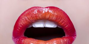 Lip, Mouth, Red, Lip gloss, Close-up, Jaw, Material property, Food, Lipstick, 