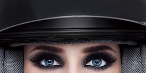 Eyebrow, Personal protective equipment, Iris, Headgear, Costume accessory, Eyelash, Photography, Close-up, Eye liner, Fedora, 