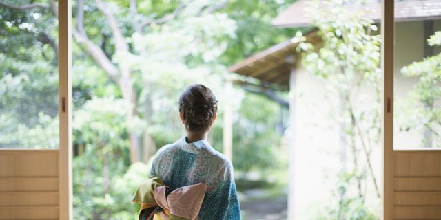 Photograph, Sitting, Costume, Child, Room, Tree, Photography, Textile, Architecture, Kimono, 