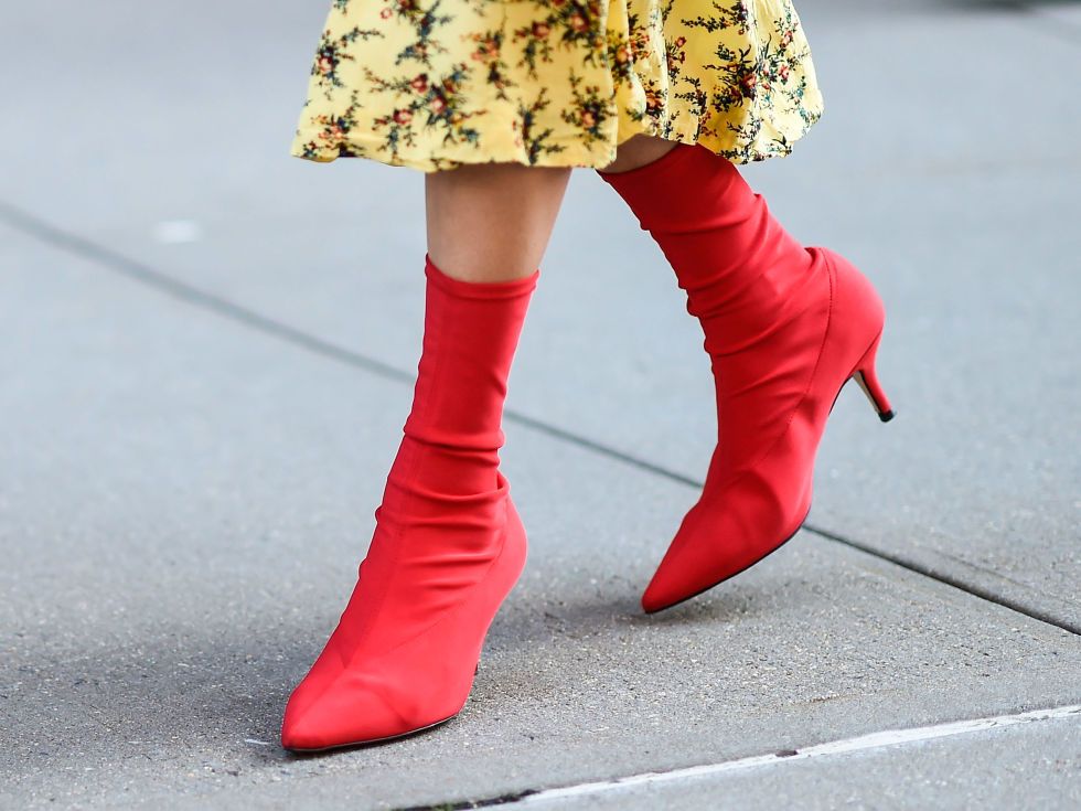 Red, Footwear, Leg, Joint, Ankle, Fashion, Street fashion, Knee-high boot, Yellow, Human leg, 