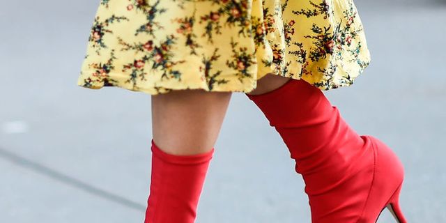 Red, Footwear, Leg, Joint, Ankle, Fashion, Street fashion, Knee-high boot, Boot, High heels, 