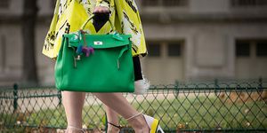 Yellow, Green, Human leg, Bag, Street fashion, Luggage and bags, High heels, Sandal, Basic pump, Foot, 