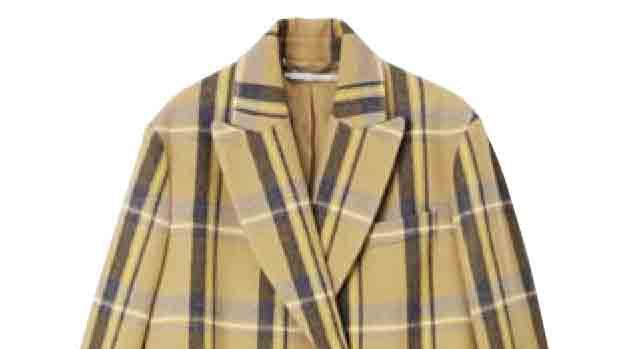 Clothing, Plaid, Pattern, Tartan, Sleeve, Outerwear, Design, Yellow, Textile, Trench coat, 