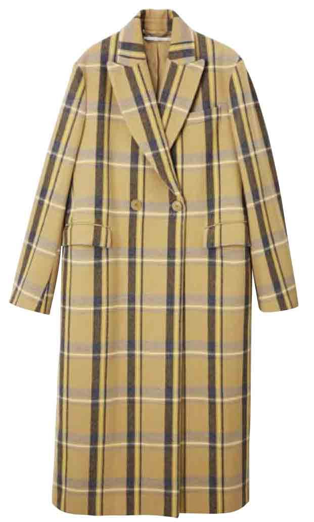 Clothing, Plaid, Pattern, Tartan, Sleeve, Outerwear, Design, Yellow, Textile, Trench coat, 
