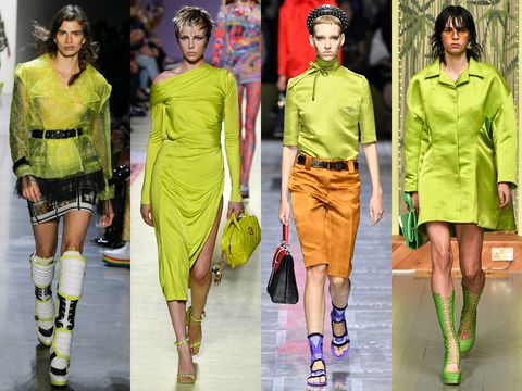 Fashion model, Fashion, Clothing, Green, Runway, Fashion design, Fashion show, Yellow, Footwear, Dress, 