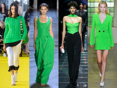 Green, Fashion model, Fashion, Clothing, Runway, Yellow, Footwear, Fashion design, Shoulder, Street fashion, 