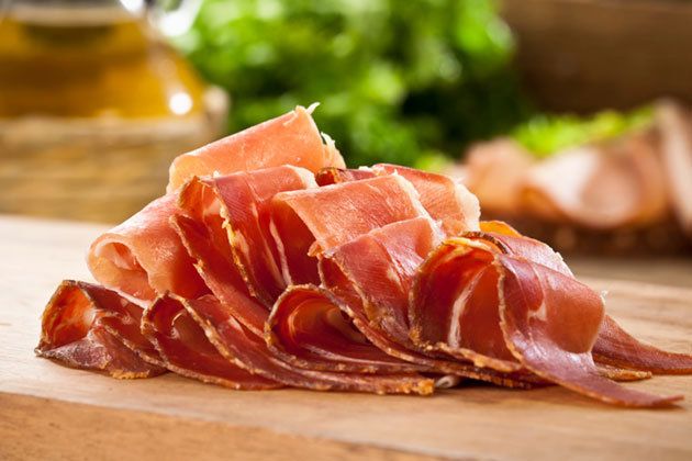 Ingredient, Peach, Natural material, Prosciutto, Salt-cured meat, Still life photography, Jamón serrano, Seafood, Animal product, Cold cut, 