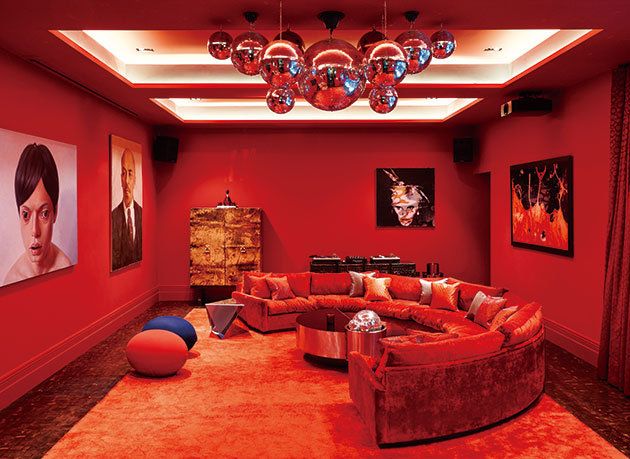 Lighting, Interior design, Room, Red, Floor, Ceiling, Flooring, Couch, Interior design, Wall, 