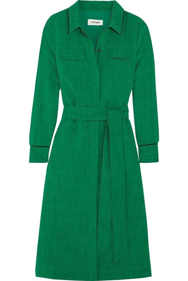 Clothing, Green, Coat, Sleeve, Day dress, Trench coat, Outerwear, Dress, Overcoat, Collar, 