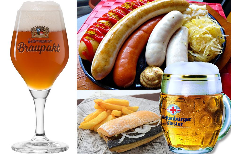 Beer glass, Drink, Food, Alcoholic beverage, Beer, Ingredient, Bratwurst, Wheat beer, Sausage, Fast food, 