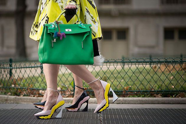 Yellow, Human leg, Bag, Street fashion, High heels, Luggage and bags, Sandal, Basic pump, Foot, Calf, 
