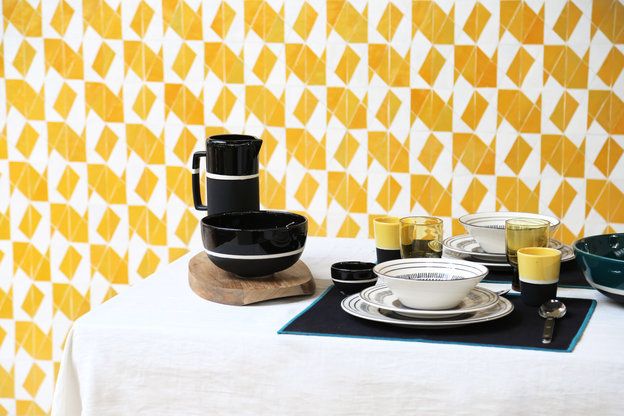 Yellow, Table, Wallpaper, Room, Breakfast, Tableware, Tablecloth, Serveware, Furniture, Pattern, 