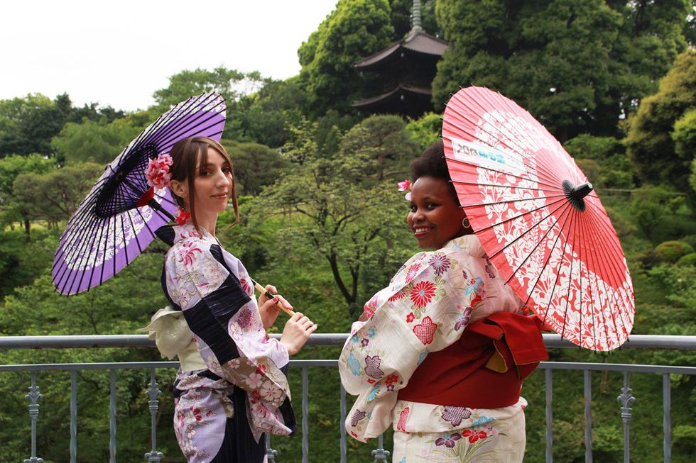 Pink, Umbrella, Kimono, Costume, Botany, Plant, Fashion accessory, Leisure, Child, Tourism, 