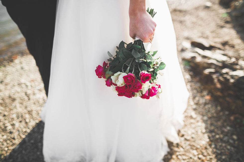 Photograph, Pink, Dress, Floral design, Bride, Bouquet, Flower Arranging, Flower, Wedding dress, Floristry, 