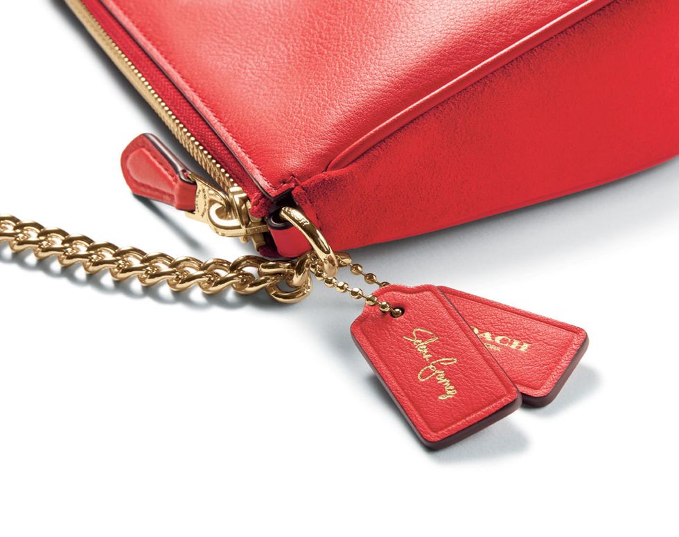 Red, Textile, Chain, Bag, Leather, Symbol, Metal, Material property, Wallet, Everyday carry, 