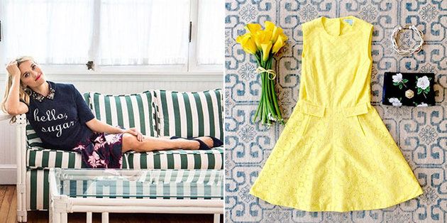 Yellow, Textile, Room, Interior design, Pattern, Dress, Living room, Fashion, Couch, One-piece garment, 