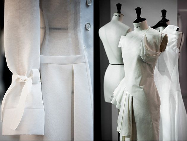 Mannequin, White, Dress, Formal wear, One-piece garment, Fashion, Ivory, Boutique, Day dress, Fashion design, 