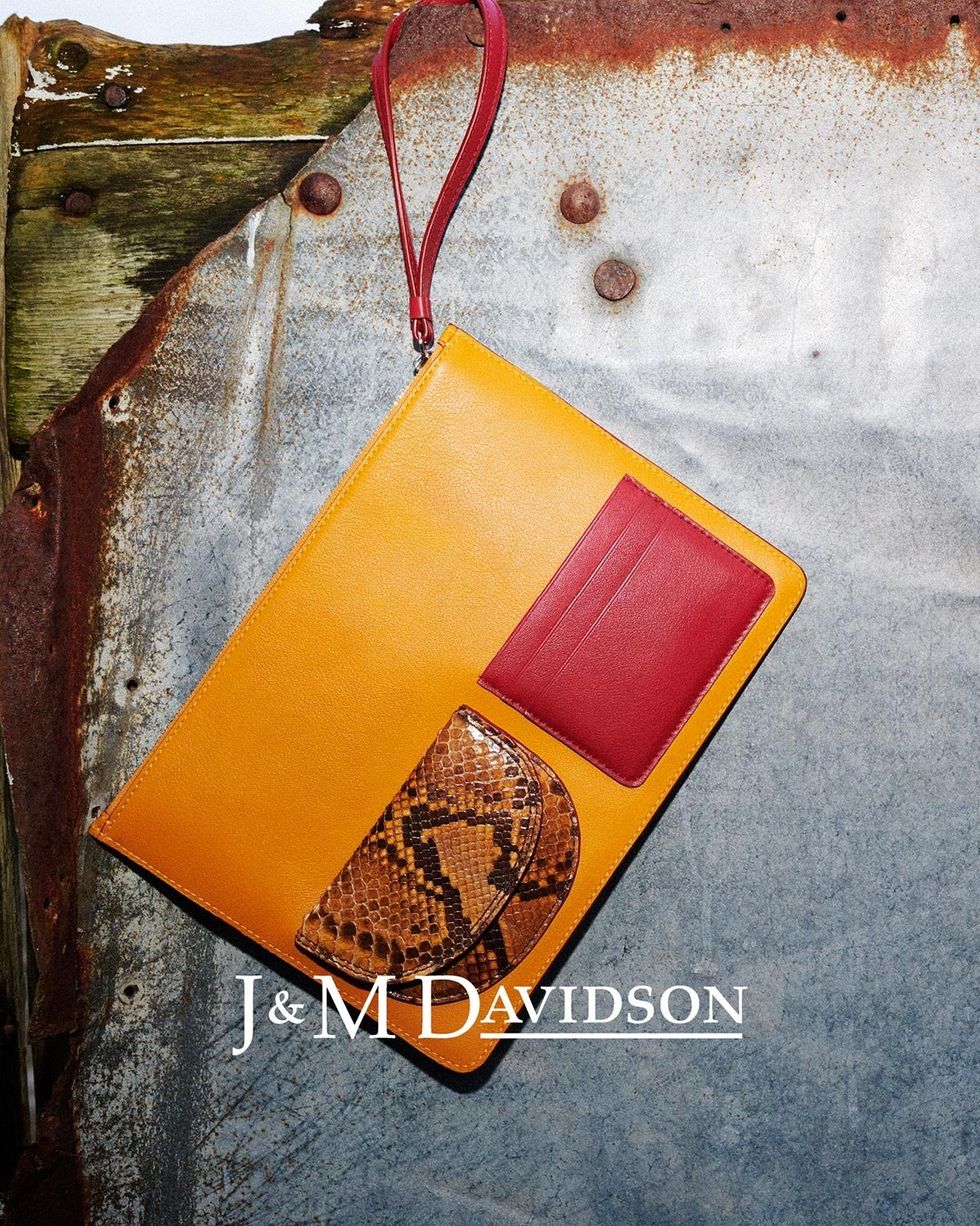 Orange, Font, Wallet, Yellow, Brown, Leather, Rectangle, Triangle, Fashion accessory, Textile, 