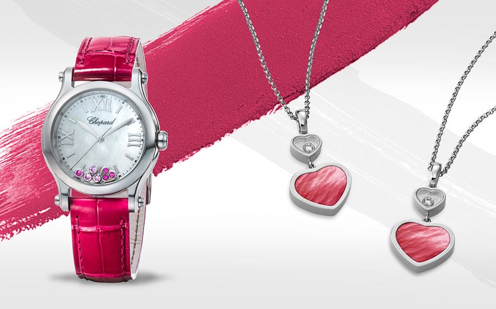 Watch, Pink, Analog watch, Product, Fashion accessory, Chain, Jewellery, Material property, Magenta, Necklace, 