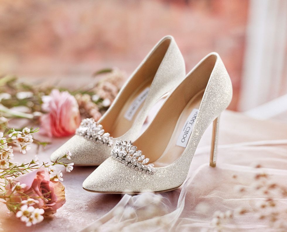 Footwear, Bridal shoe, Dress shoe, Pink, Shoe, High heels, Court shoe, Font, Pearl, Leg, 