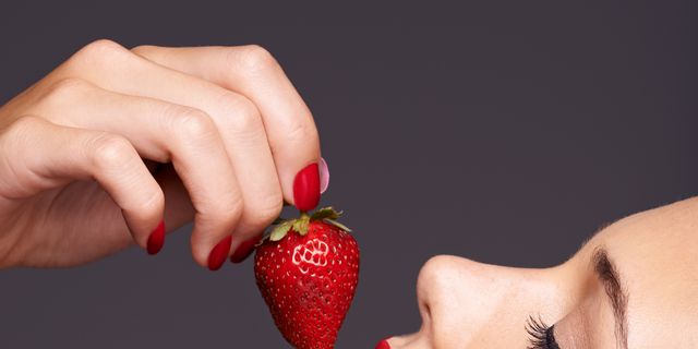 Lip, Strawberry, Skin, Strawberries, Red, Natural foods, Fruit, Beauty, Accessory fruit, Sweetness, 