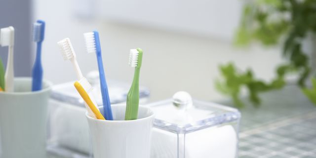 Toothbrush, Toothbrush holder, Room, Ceramic, Plastic, Bathroom accessory, Brush, Plastic bottle, Glass, Stationery, 