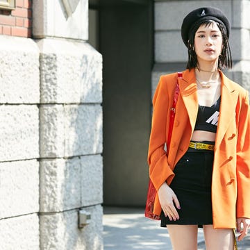 Clothing, Street fashion, Orange, Fashion, Beauty, Snapshot, Yellow, Fashion model, Outerwear, Blazer, 