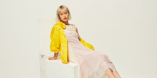 White, Yellow, Fashion, Sitting, Footwear, Fashion design, Leg, Photography, Photo shoot, Dress, 