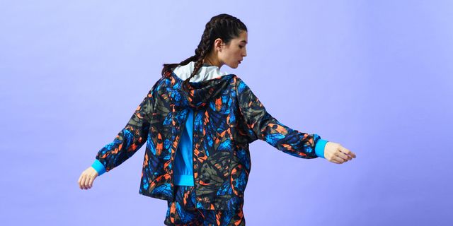 Clothing, Outerwear, Sleeve, Pattern, Pattern, Hood, Collar, Electric blue, Jacket, Fashion design, 