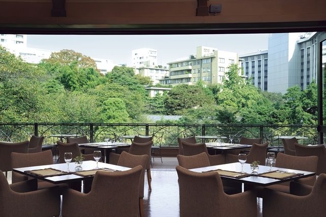 Restaurant, Architecture, Building, Sky, Interior design, Real estate, Room, Tree, Table, Iron, 