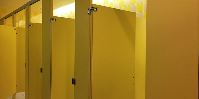 Yellow, Room, Wall, Architecture, Restroom, Toilet, Door, Ceiling, Glass, Plumbing fixture, 