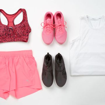 Clothing, Pink, White, Shorts, Footwear, Crop top, camisoles, Shoe, Sportswear, 